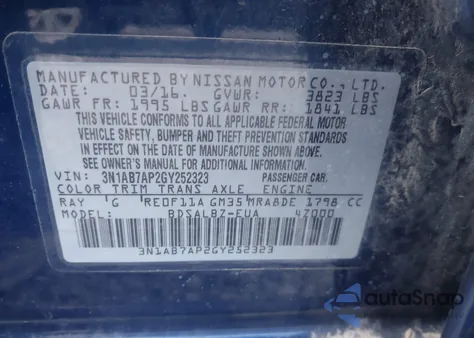 2016 Nissan Sentra S from USA, damaged, VIN 3N1AB7AP2GY252323